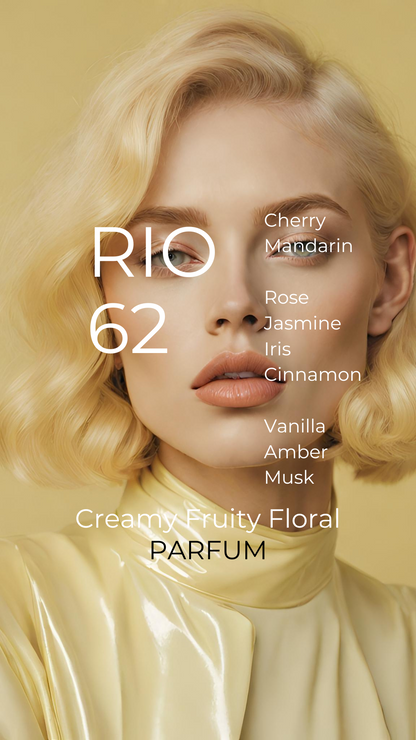 An AI model for Rio 62, a fruity woody floral fragrance.